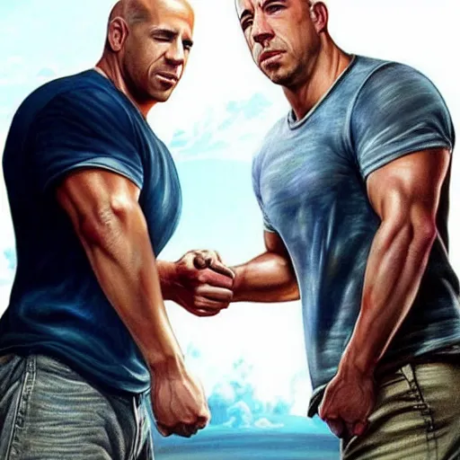 Image similar to paul walker and vin diesel doing a fist bump in heaven, photorealistic, highly detailed