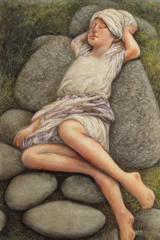 Image similar to peasant girl sleeping in a baby Pose on a stone in a foggy forest, high-key lightning, realistic, aesthetic, sad atmosphere, neutral colors, detailed illustration, oil on canvas by Steve Hanks