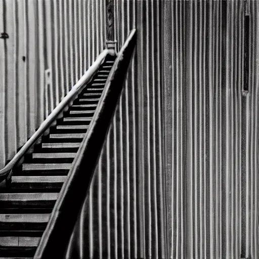 Image similar to black and white surreal photograph, highly detailed vast space made of stairsteps, sideview, detailed textures, natural light, mist, architecture photography, film grain, soft vignette, sigma 1 4 mm f / 1. 4 1 / 1 0 sec shutter, imax 7 0 mm footage