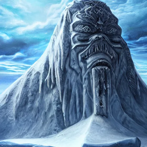 Prompt: mysterious Antarctica glacial cult mountain god, realistic fantasy, oil painting, extremely high detail, photorealistic, cinematic lighting, oil painting, intricate line drawings, 4k resolution