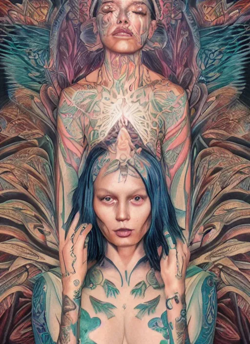 Image similar to beautiful enlightened woman instagram cult influencer with tattoos, tattooed skin, oil painting, robe, symmetrical face, dark ritual myth, by martine johanna, sean yoro masterpiece