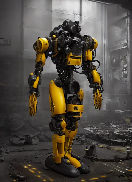 Image similar to a photorealistic dramatic hyperrealistic render of a futuristic exosuit power loader heavy machinery, ultra realistic details, glossy yellow, well worn, rust, oil stains by vitaly bulgarov and mike nash, beautiful dramatic dark moody tones and lighting, cinematic atmosphere, studio lighting, global illumination, shadows, dark background, octane render, 8 k