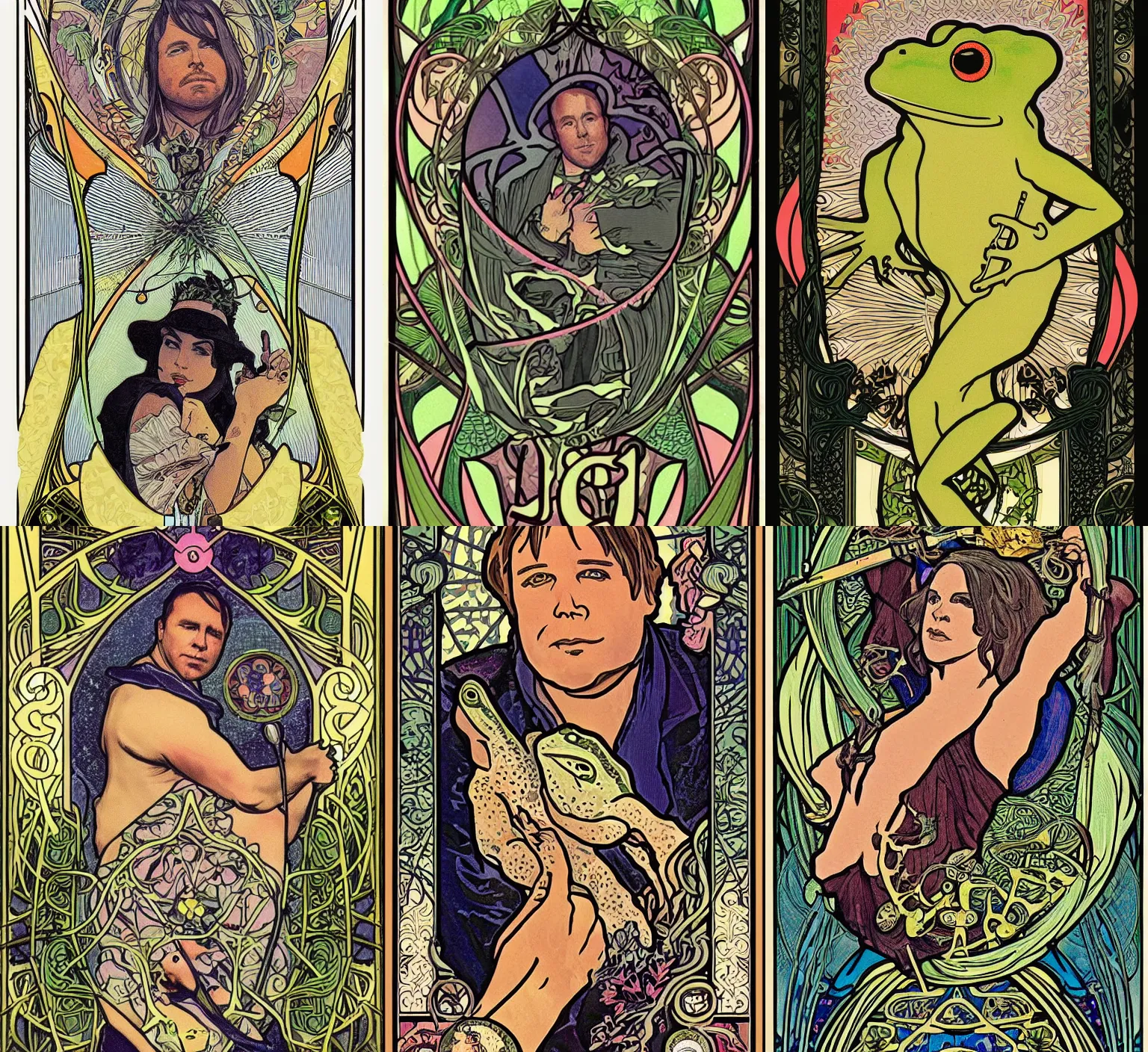 Prompt: a tarot card of alex jones featuring gay frog imagery, design by alfons mucha, art nouveau style, beautiful, intricate detailing, 4k