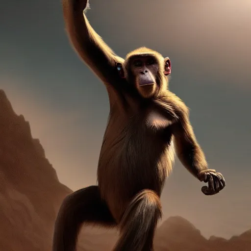 Image similar to a monkey throwing a bone to the air , dramatic lighting, cinematic, establishing shot, extremly high detail, photorealistic, cinematic lighting, artstation, style by James Gurney