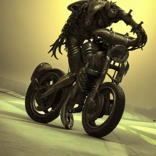 Image similar to a sci - fi biker fused with his bike, art by hr giger, dramatic, volumetric lights, octane rendering, trending on artstation, greeble