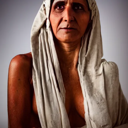 Image similar to intense portrait of 35 year old middle eastern skinned woman in ancient Canaanite clothing