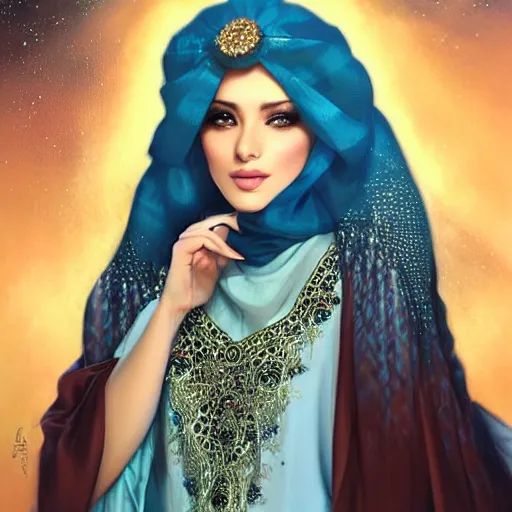 Image similar to a beautiful arabian woman wearing a kaftan by karol bak, ayami kojima, artgerm, arabian beauty, blue eyes, smile, concept art, fantasy