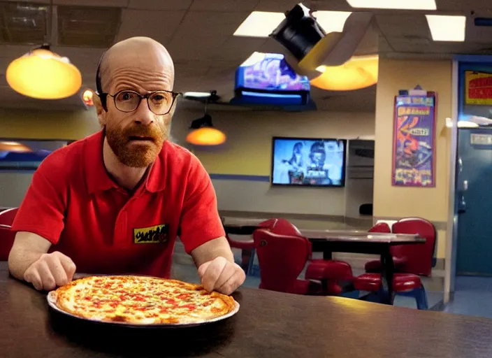 Image similar to charlie kaufman eating pizza at chuck - e - cheese, dramatic lighting, film still from breaking bad ( 2 0 1 0 ), 3 5 mm kodak, 2 4 mm lens, directed by rian johnson