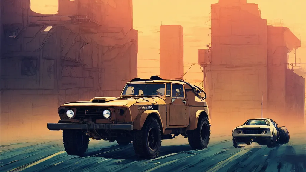 Image similar to digital illustration of mad max's fj 4 0 pursuit special, the last v 8 interceptor driving down a deserted cyberpunk highway in the middle of the day by studio ghibli, anime style year 2 0 9 3, by makoto shinkai, ilya kuvshinov, lois van baarle, rossdraws, basquiat