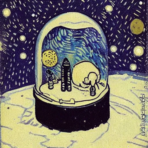 Image similar to a space rocket inside a snow globe by van gogh