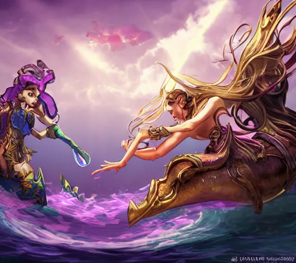 Image similar to two mermaids fistbumping in midair crepuscular rays behind fistbump, whimsical, dungeons and dragons, league of legends splash art, heroes of the storm splash art, hearthstone splash art, world of warcraft splash art, overwatch splash art, art by artgerm, art by alphonse mucha, intricately detailed, highly detailed, trending on artstation,