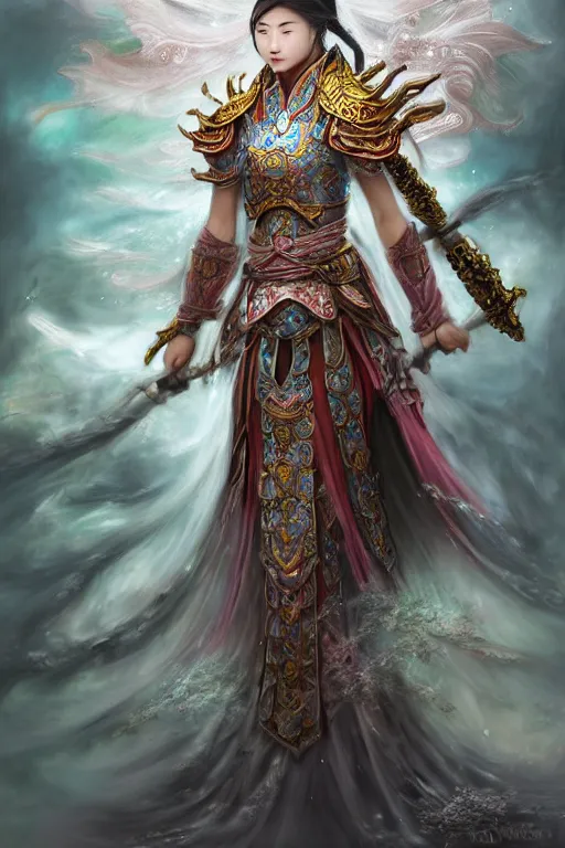 Prompt: beautiful ancient fantasy portrait of wuxia armor heroine, wearing Xian Xia wardrobe, in forbidden City, hybrid from Dynasty Warriror, flowers sea rainning everywhere, intricate, very very beautiful, elegant, highly detailed, digital painting, beautiful glowing galaxy eyes, human anatomy, hyperrealistic, soft light, dynamic, artbreeder, artstation, fantasy concept art, smooth, sharp focus, illustration, art by alphonse mucha and tian zi and WLOP