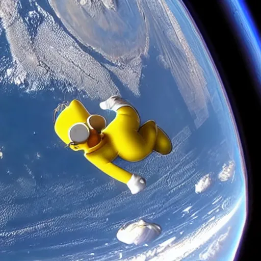 Image similar to homer simpson goes too space footage from the iss, homer simpson in the iss, realistic, hdr, clear image,