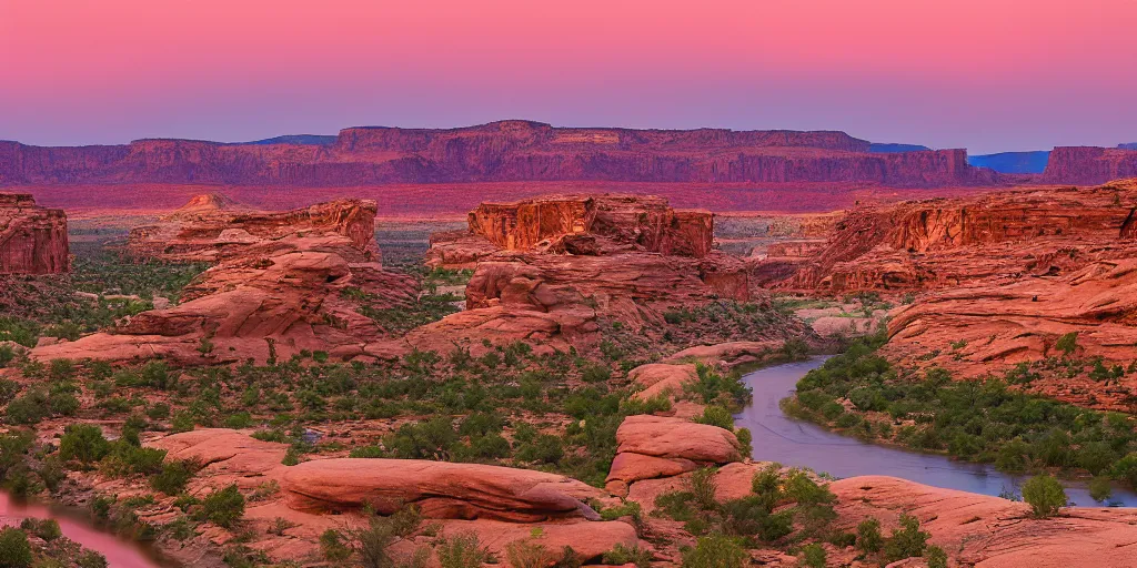 Image similar to “a river bend running through a canyon surrounded by desert mountains at sunset, moab, utah, a tilt shift photo by Frederic Church, trending on unsplash, hudson river school, photo taken with provia, national geographic photo”