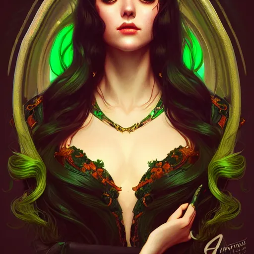 Prompt: aristocrat, green black orange color palette, female, d & d, fantasy, intricate, elegant, highly detailed, long green hair, digital painting, artstation, octane render, concept art, matte, sharp focus, illustration, hearthstone, art by artgerm, alphonse mucha johannes voss