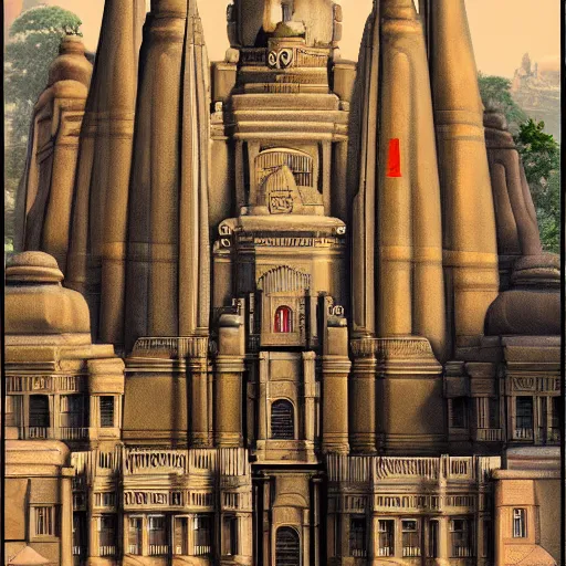 Image similar to hindu influenced architecural painting of a hidden city with a huge statue in the middle, artstation