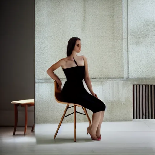 Image similar to beautiful woman sitting on how about midcentury modern wooden chair in the style of mies van der rough high end photoshoot