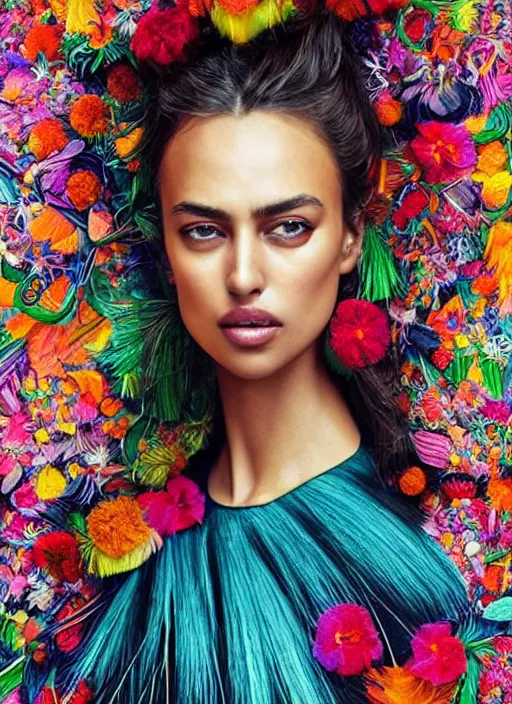 Prompt: beautiful portrait of Irina Shayk wearing dramatic Hand-dyed cotton dress,embellished beaded feather decorative fringe knots ,colorful pigtail,subtropical flowers and plants,symmetrical face,intricate,elegant,highly detailed,8k,digital painting,trending on pinterest,harper's bazaar,concept art, sharp focus, illustration,golden ratio,by artgerm,Tom Bagshaw,Lawrence Alma-Tadema,greg rutkowski