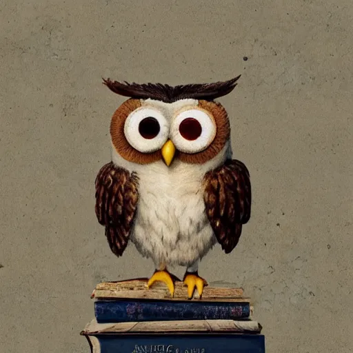 Image similar to long shot of a very cute plushy owl sitting on a pile of antique books, big eyes, eyelids half closed, by esao andrews, humorous illustration, hyperrealistic, big depth of field, fresh colors, dim light, 3 d octane render conceptart, 4 k, hyperdetailed, trending on artstation