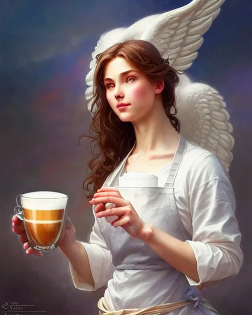 Image similar to a dreamy angelic barista in an apron holding latte art, fantasy character portrait, ultra realistic, intricate, elegant, highly detailed, digital painting, artstation, smooth, sharp, focus, illustration, art by artgerm and greg rutkowski and alphonse mucha