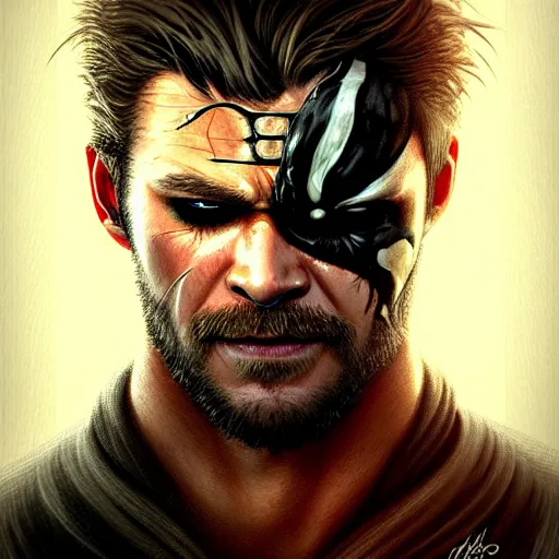 Image similar to Chris Hemsworth with an eye patch as Venom Snake, western, D&D, fantasy, intricate, elegant, highly detailed, digital painting, artstation, concept art, matte, sharp focus, illustration, art by Artgerm and Greg Rutkowski and Alphonse Mucha