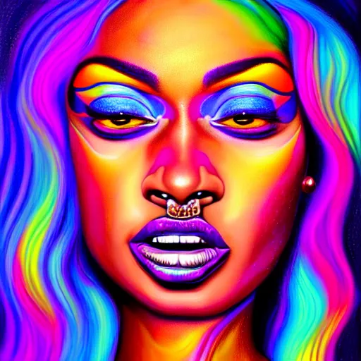 Prompt: an extremely psychedelic portrait of meg the stallion, surreal, lsd, face, detailed, intricate, elegant, lithe, highly detailed, digital painting, artstation, concept art, smooth, sharp focus, illustration