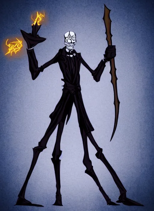 Image similar to DND character concept, Tall skeletal figure, wearing a deep black suit!!! and tie and top hat, holding a golden cane. Surrounded by light blue!!! flames!!