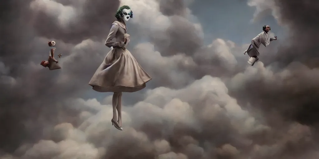 Image similar to women walking on clouds, octane render, art station æ, matt painting, joker ( 2 0 1 9 ), mark ryden, micheal sowa, digital art