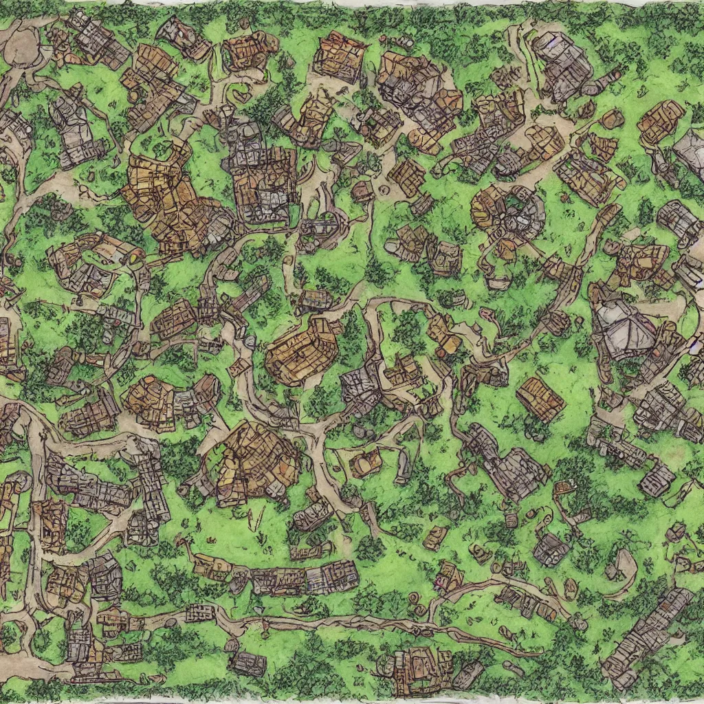 Image similar to bandit camp layout, art by allixander maps, acrylic drawing, fantasy, world, bright, clear, simple, sharpened