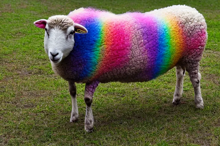 Prompt: a photo of a sheep with rainbow colored wool