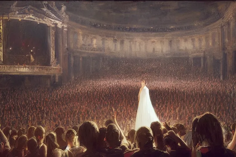 Image similar to Painting by Greg Rutkowski, hundreds of spectators look at an illuminated girl in a white long dress on a theater opera stage with an orchestra, view from the hall