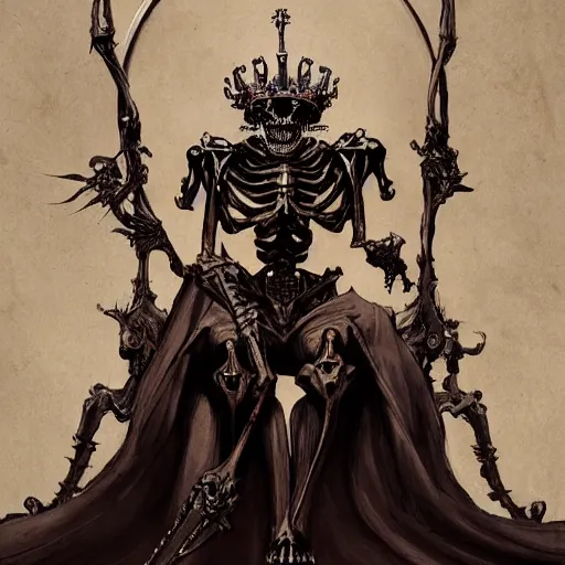Prompt: skeleton king sitting on a throne in a palace by Stanley Artgerm Lau, frank frazetta, Rossdraws, James Jean, gerald brom, Andrei Riabovitchev, Marc Simonetti, and Sakimichan, trending on artstation, SFW version