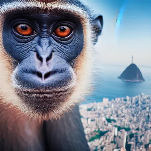 Image similar to high quality portrait of a monkey in front of Christ The Redeemer, studio photograph, photograph, realistic photo, 8k photo, 4k photo, stock photo, high resolution, cinematic shot, high detail