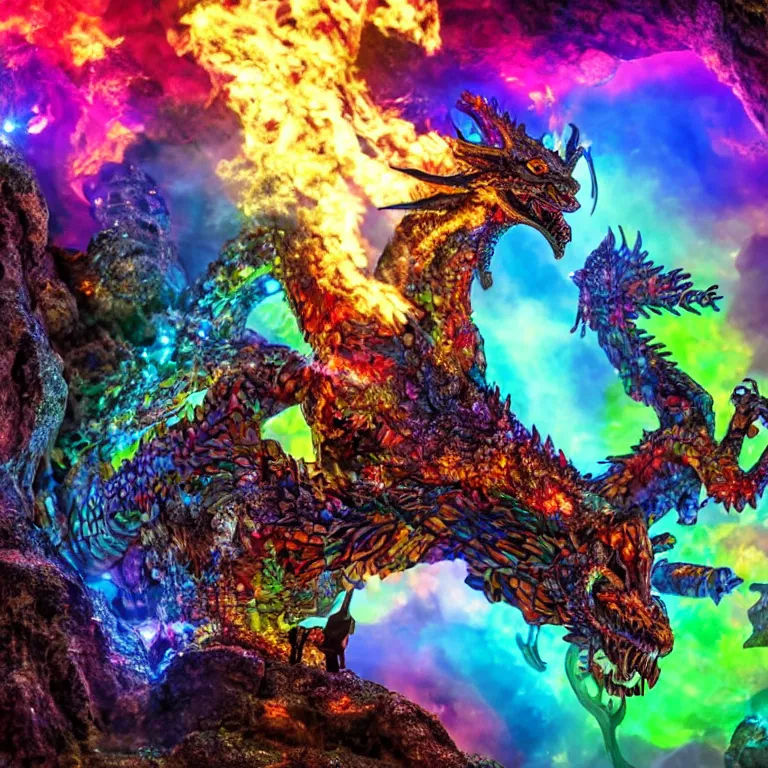 Image similar to a 3d artistic photo of a cave dragon blowing fire using its mouth to the sparkly colorful crystals in the cave