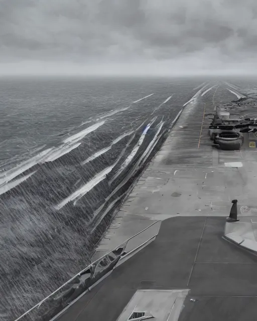 Image similar to view from an aircraft carrier of stormy seas, stormy weather, unreal engine, hyper realism, realistic shading, cinematic composition, realistic render, octane render, detailed textures, photorealistic, ultrawide shot, 16mm lens