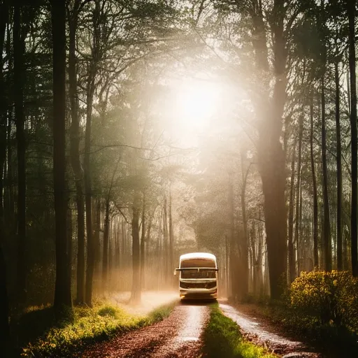 Prompt: big commercial bus with very creative livery in misty forest scene, the sun shining through the trees