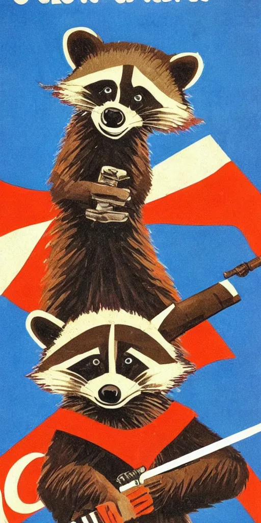 Image similar to a soviet propaganda poster with a smiling raccoon holding a jedi sword