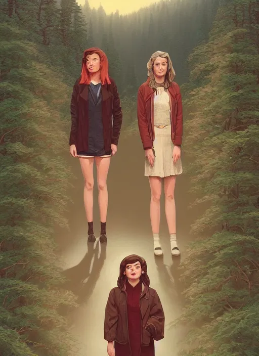Prompt: Twin Peaks poster artwork by Michael Whelan and Tomer Hanuka, Rendering of Zendaya, Maisie Williams and Jennifer Connelly standing in a row from scene from Twin Peaks, full of details, by Makoto Shinkai and thomas kinkade, Matte painting, trending on artstation and unreal engine
