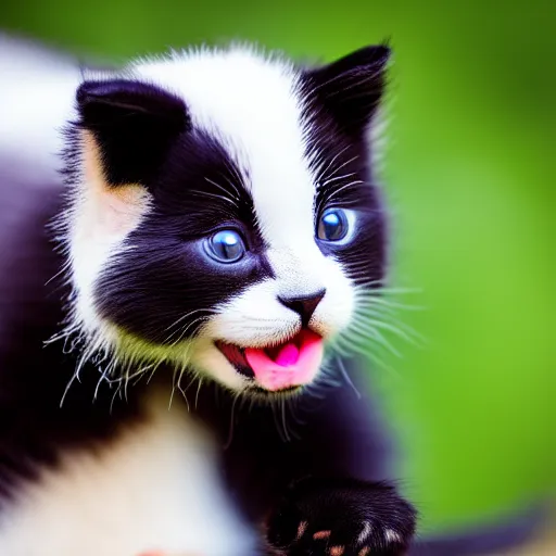 Image similar to cute kitten with panda body and cat face, eats bambus, highly detailed, sharp focus, photo taken by nikon, 4 k