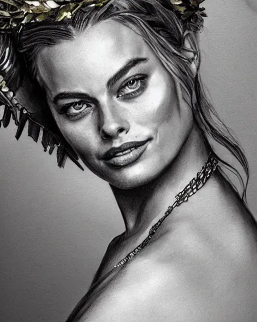 Image similar to realism tattoo sketch of margot robbie as a beautiful greek goddess aphrodite with piercing eyes wearing a laurel wreath and triangle earrings, in the style of greg rutkowski, amazing detail