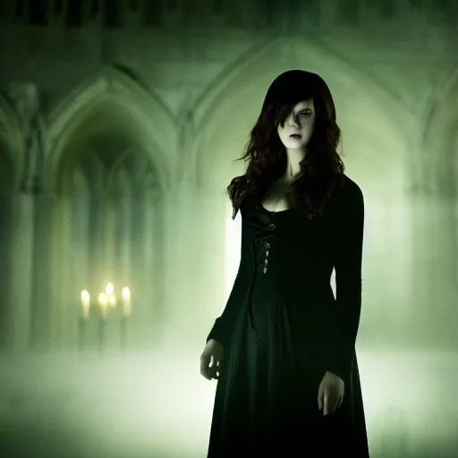 Image similar to medium shot of mary elizabeth winstead as a vampire in a gothic cathedral at night, gloomy, cinematic, ground mist, volumetric light.