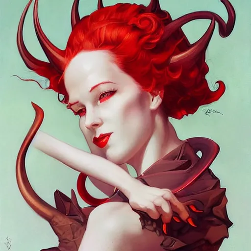 Image similar to a girl with red hair, red eyes, demon horns and a tail with a devious grin. By JC Leyendecker Peter Mohrbacher