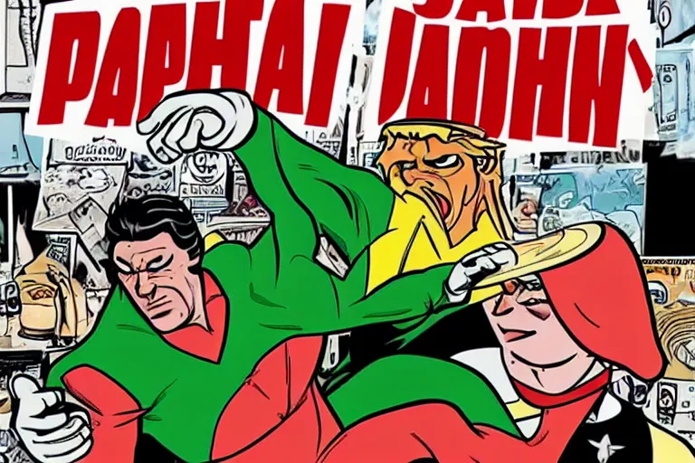 Image similar to Papa John fights cancel culture, comic book style