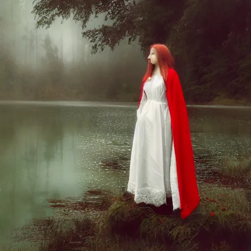 Image similar to a stunning painting of a beautiful lady with white long hair and dressed with a red victorian cloak, standing in a lake, mist, morning light, dreamy atmosphere, cinematic