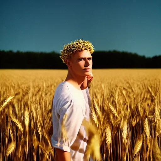 Prompt: kodak portra 4 0 0 photograph of a skinny blonde guy standing in a field of wheat, flower crown, back view, golden ratio, light leak, grain, moody lighting, telephoto, 9 0 s vibe, blurry background, vaporwave colors!, faded!,