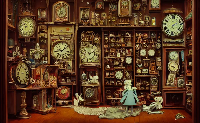 Image similar to Inside an old clock store by James Gilleard, Mark Ryden, Wolfgang Lettl highly detailed