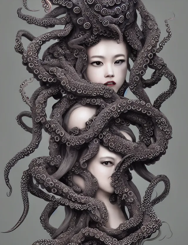 Image similar to 3 d goddess octopus half - turn portrait with long hair with ram skull. beautiful intricately detailed japanese crow kitsune mask and clasical japanese kimono. betta fish, jellyfish phoenix, bio luminescent, plasma, ice, water, wind, creature, artwork by tooth wu and wlop and beeple and greg rutkowski