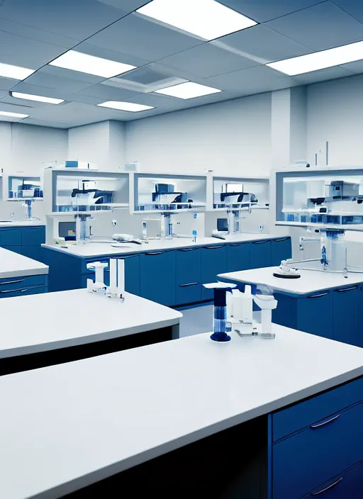 Image similar to crisp clean research laboratory space, pipettes and test tubes, scientists working at the bench, bright welcoming lighting, curing cancer, hyper realism with a slight blue toned watercolor effect. architectural digest photo, time magazine, studio lighting, godrays, mayo clinic, john hopkins, cleveland clinic.