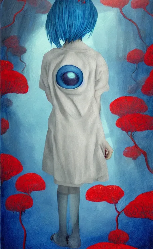 Prompt: girl with blue hair as a shaun tan painting the red tree illustration detailed painting