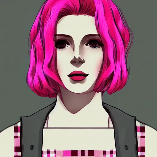 Image similar to full headshot portrait of Lana del ray punk, digital art, short pink hair, drawn by WLOP, by Avetetsuya Studios, anime manga panel, trending on artstation, wearing a plaid shirt